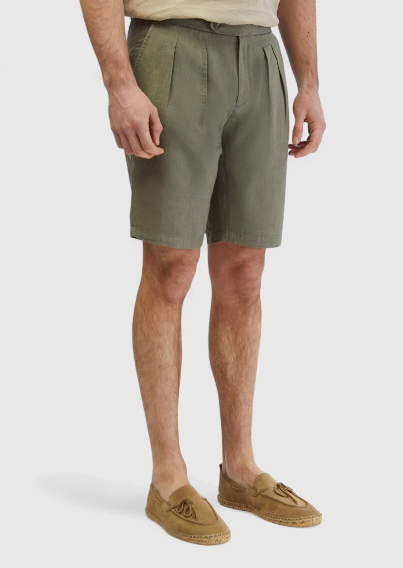 Khaki Weaving Carrot Fit Casual 100% Linen Bermuda - 3