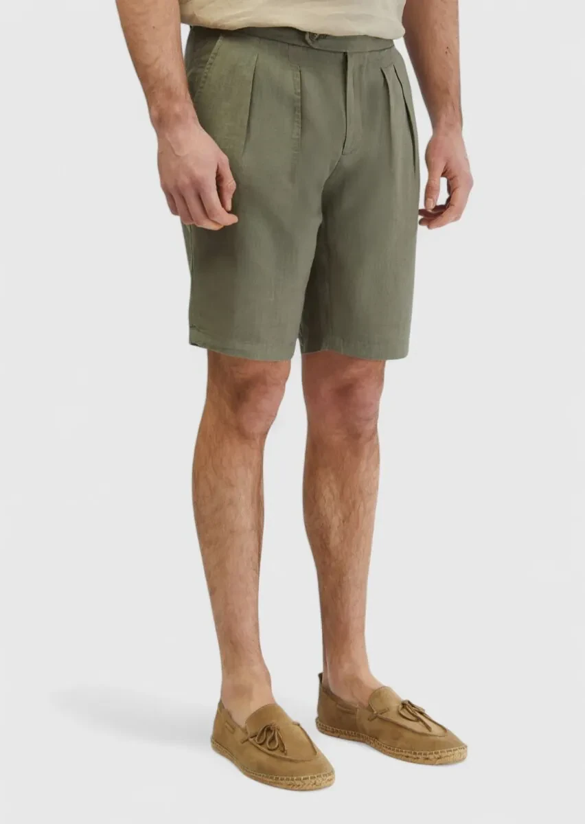 Khaki Weaving Carrot Fit Casual 100% Linen Bermuda - 3