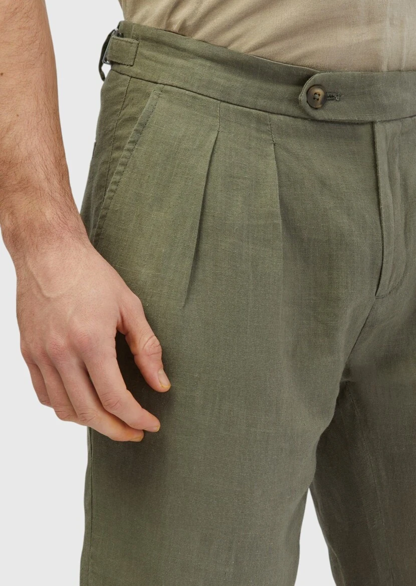 Khaki Weaving Carrot Fit Casual 100% Linen Bermuda - 4