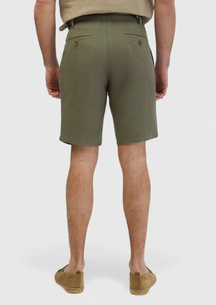 Khaki Weaving Carrot Fit Casual 100% Linen Bermuda - 6