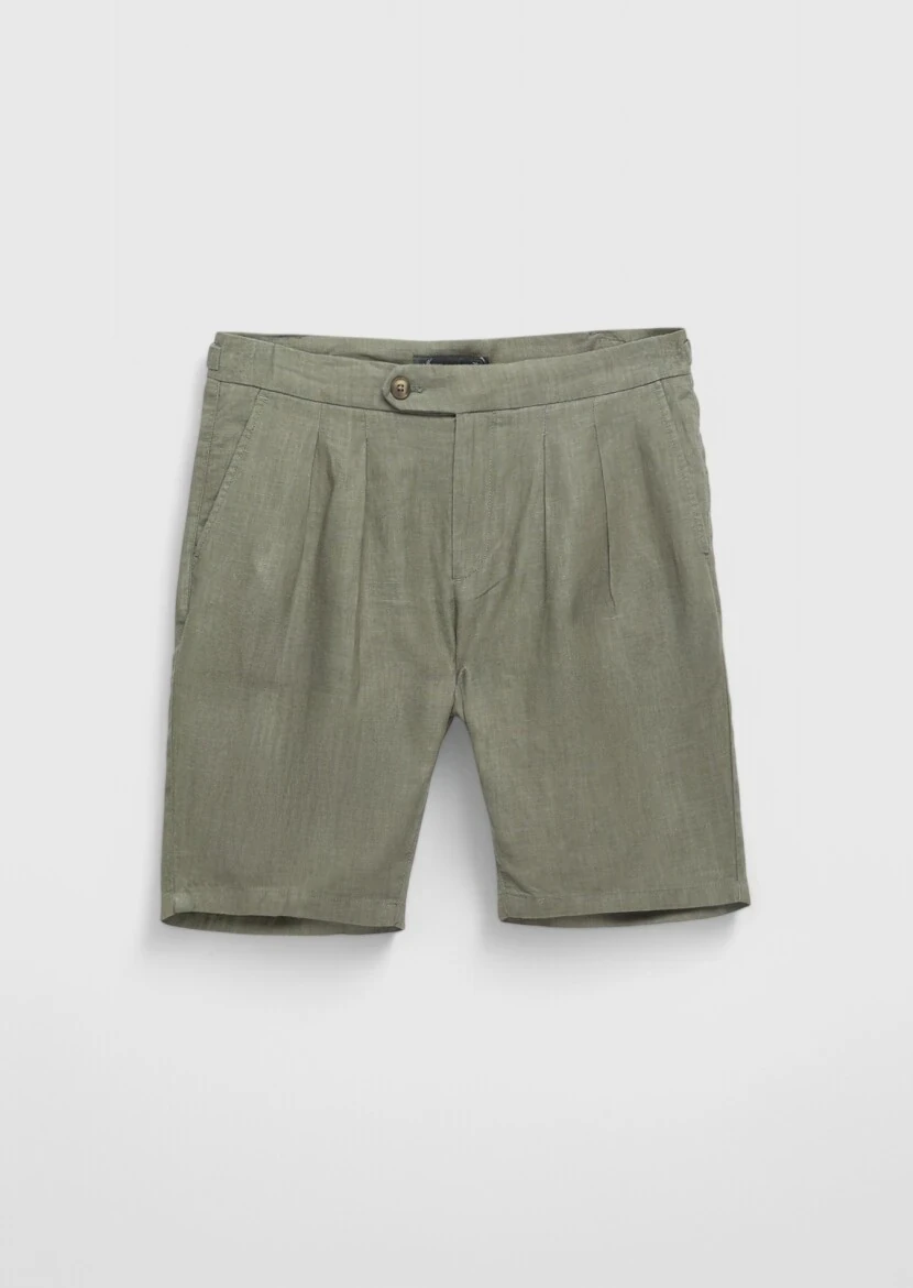 Khaki Weaving Carrot Fit Casual 100% Linen Bermuda - 7