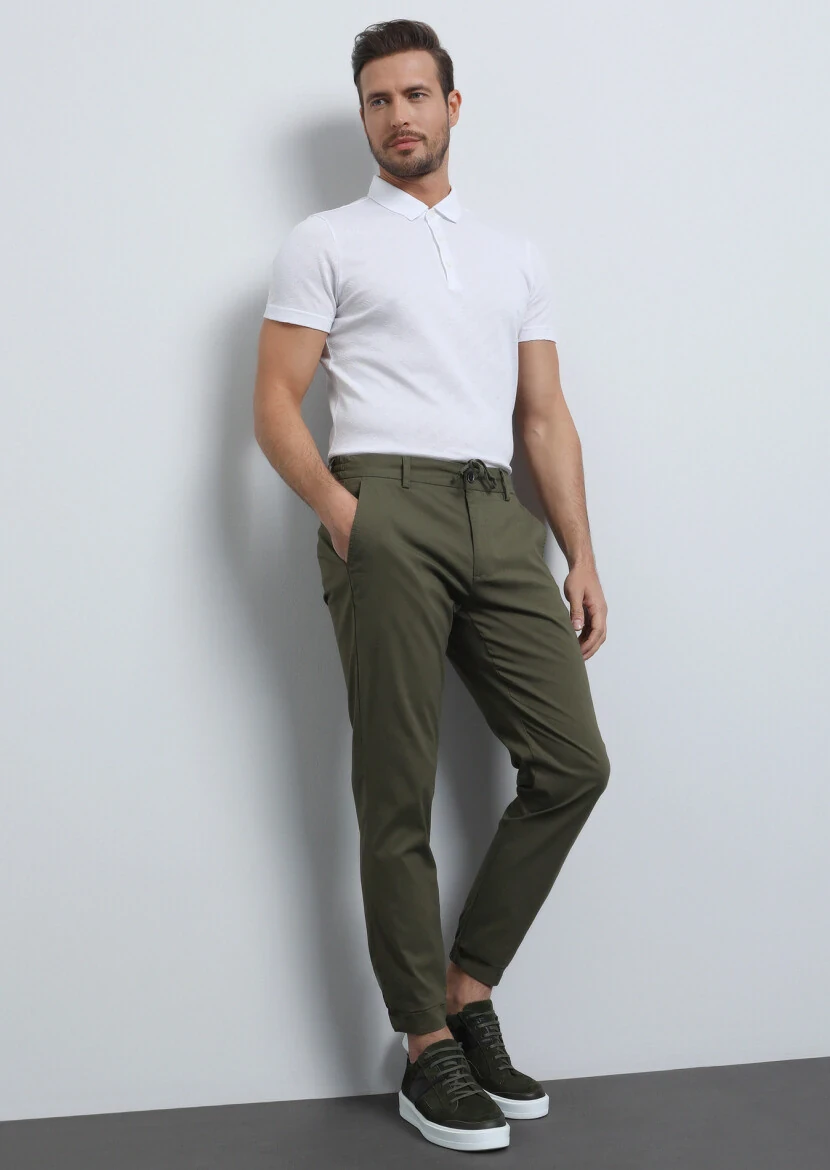 Khaki Weaving Jogging Fit Casual Cotton Blended Trousers - 1