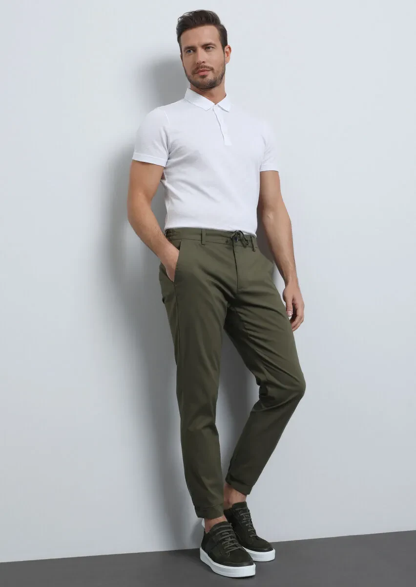 Khaki Weaving Jogging Fit Casual Cotton Blended Trousers - 1