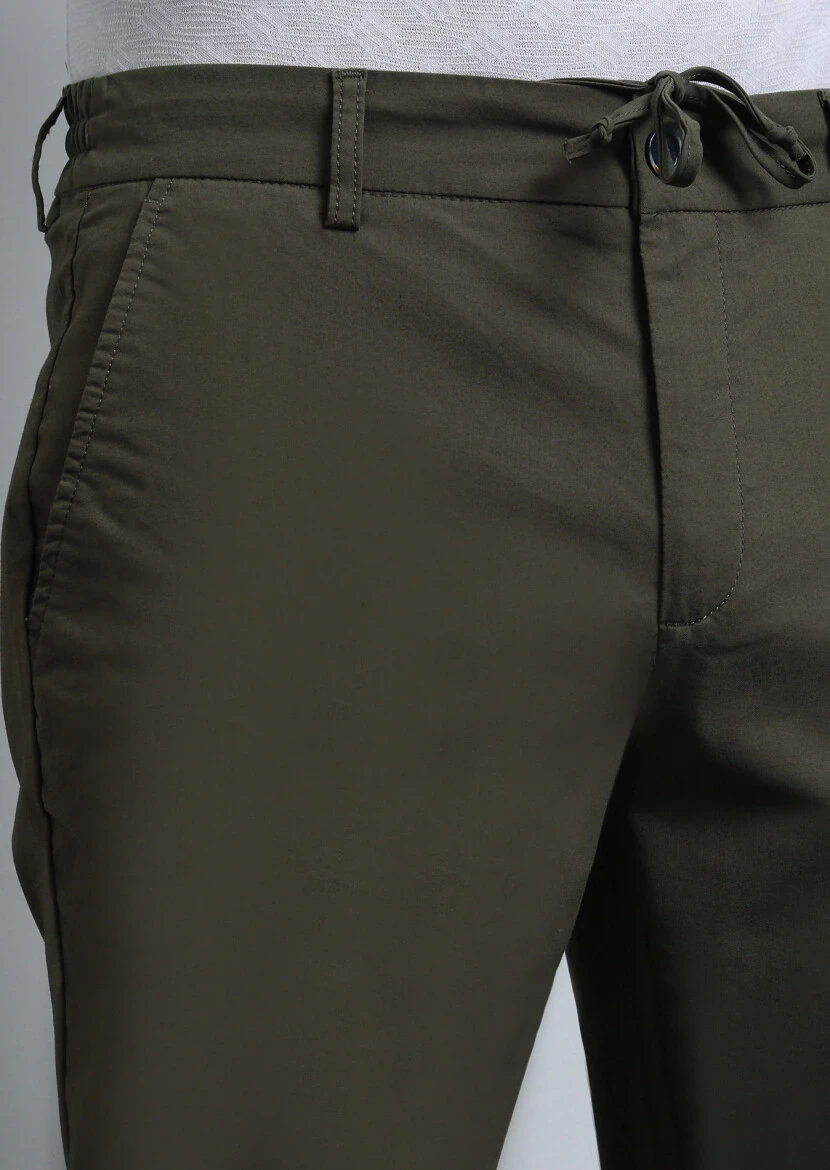 Khaki Weaving Jogging Fit Casual Cotton Blended Trousers - 3