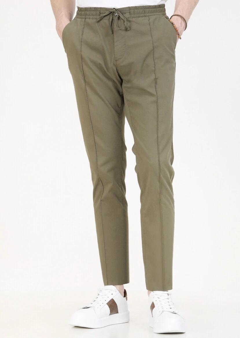 Khaki Weaving Jogging Fit Casual Cotton Blended Trousers - 2