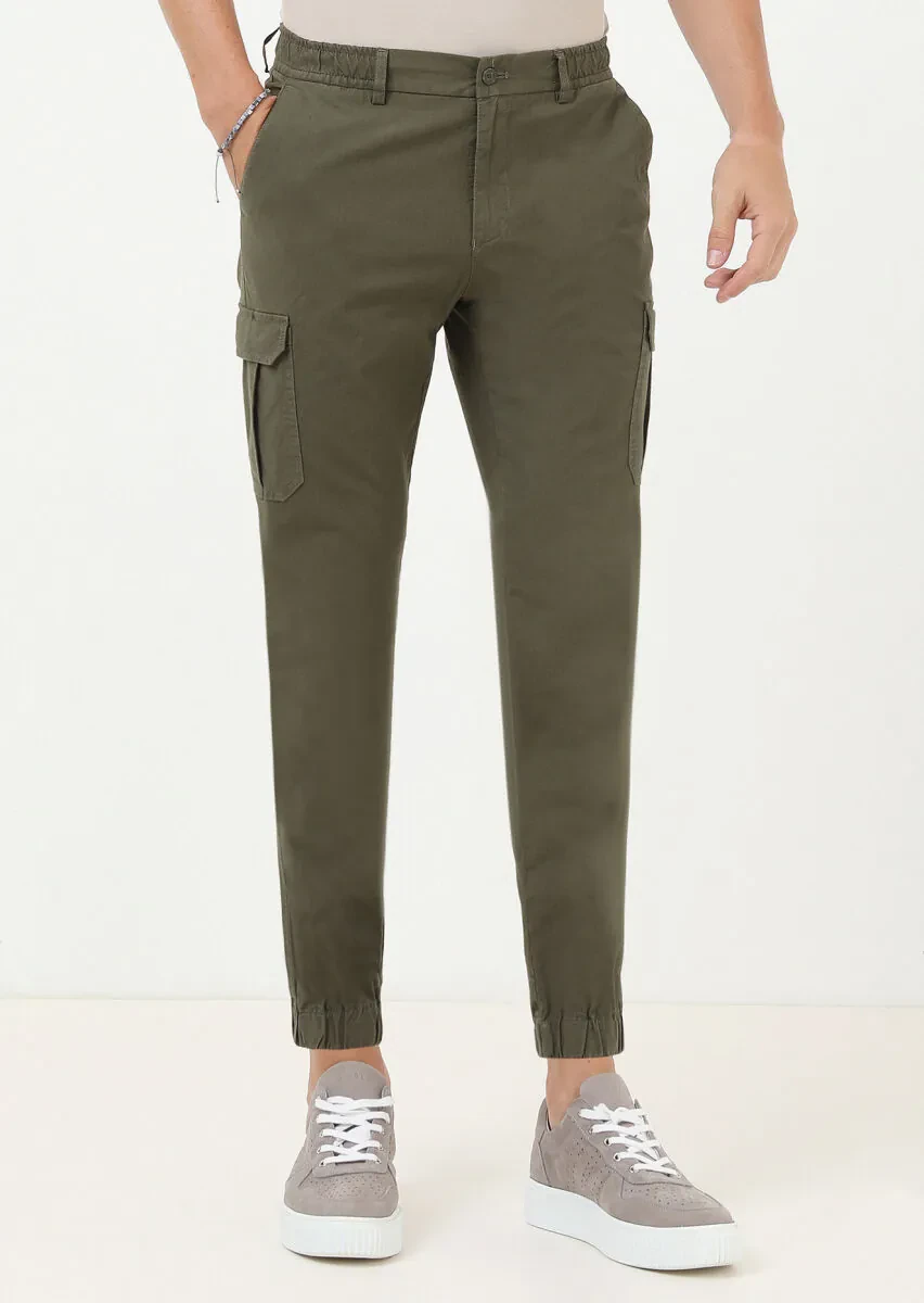 Khaki Weaving Jogging Fit Casual Cotton Blended Trousers - 2