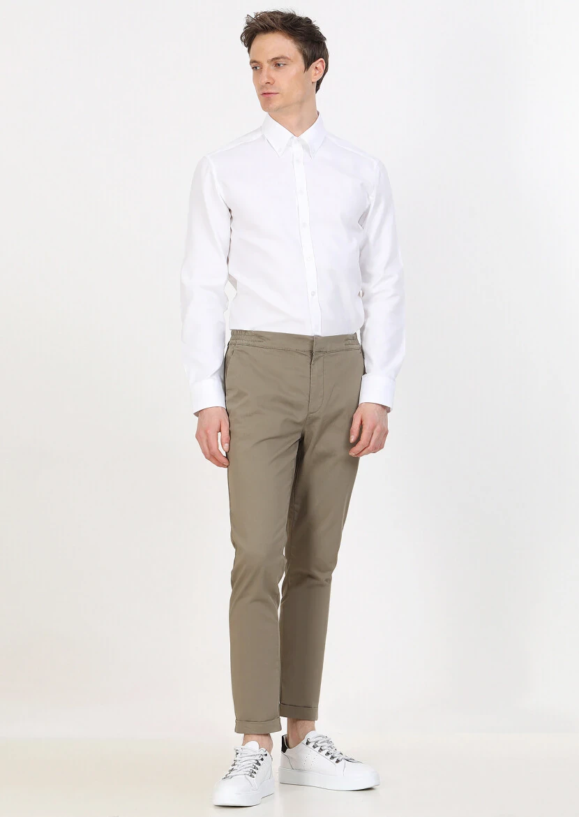 Khaki Weaving Jogging Fit Casual Cotton Blended Trousers - 1