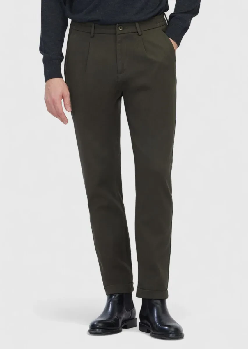 Khaki Weaving Jogging Fit Casual Cotton Blended Trousers - 2