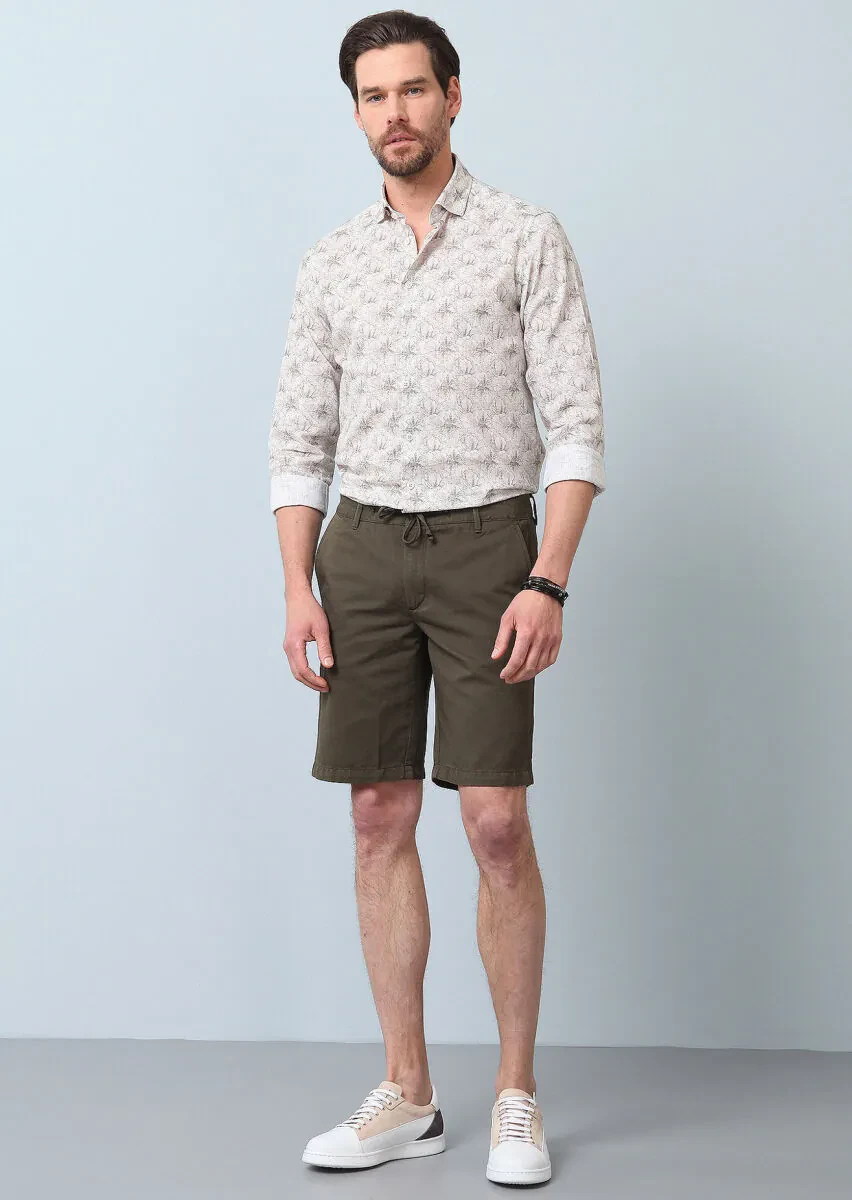 Khaki Weaving Regular Fit Casual Cotton Blended Bermuda - 2