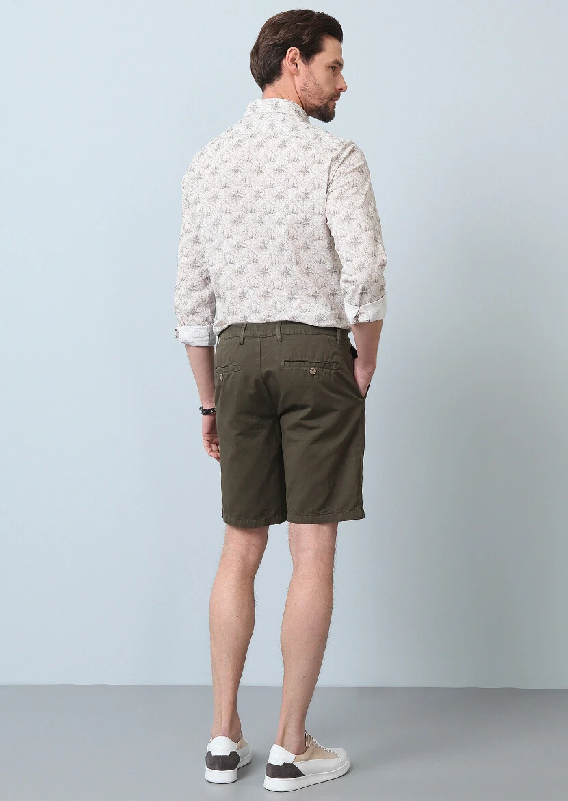 Khaki Weaving Regular Fit Casual Cotton Blended Bermuda - 4