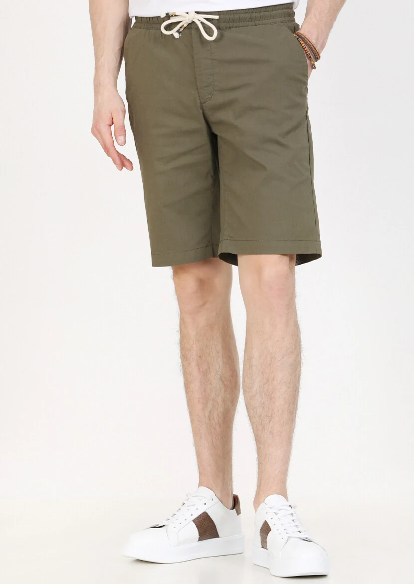 Khaki Weaving Regular Fit Casual Cotton Blended Bermuda - 3