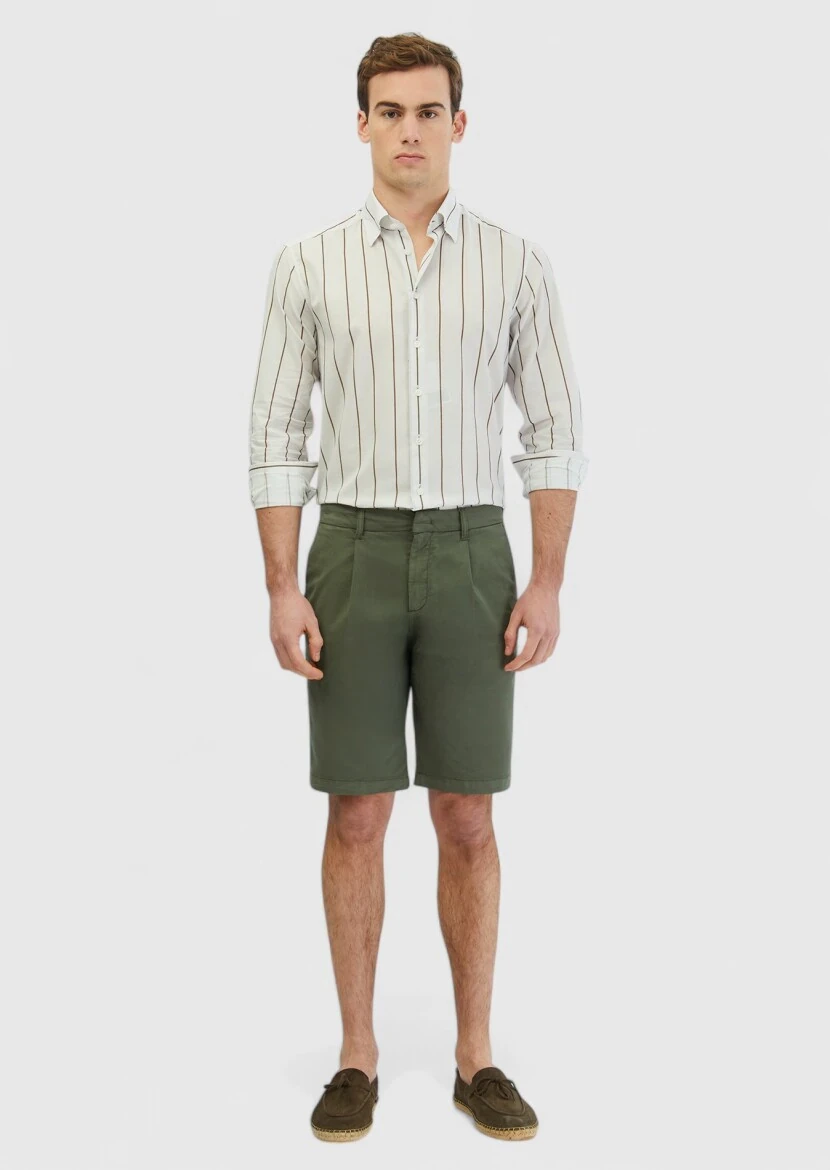 Khaki Weaving Regular Fit Casual Cotton Blended Bermuda - RAMSEY