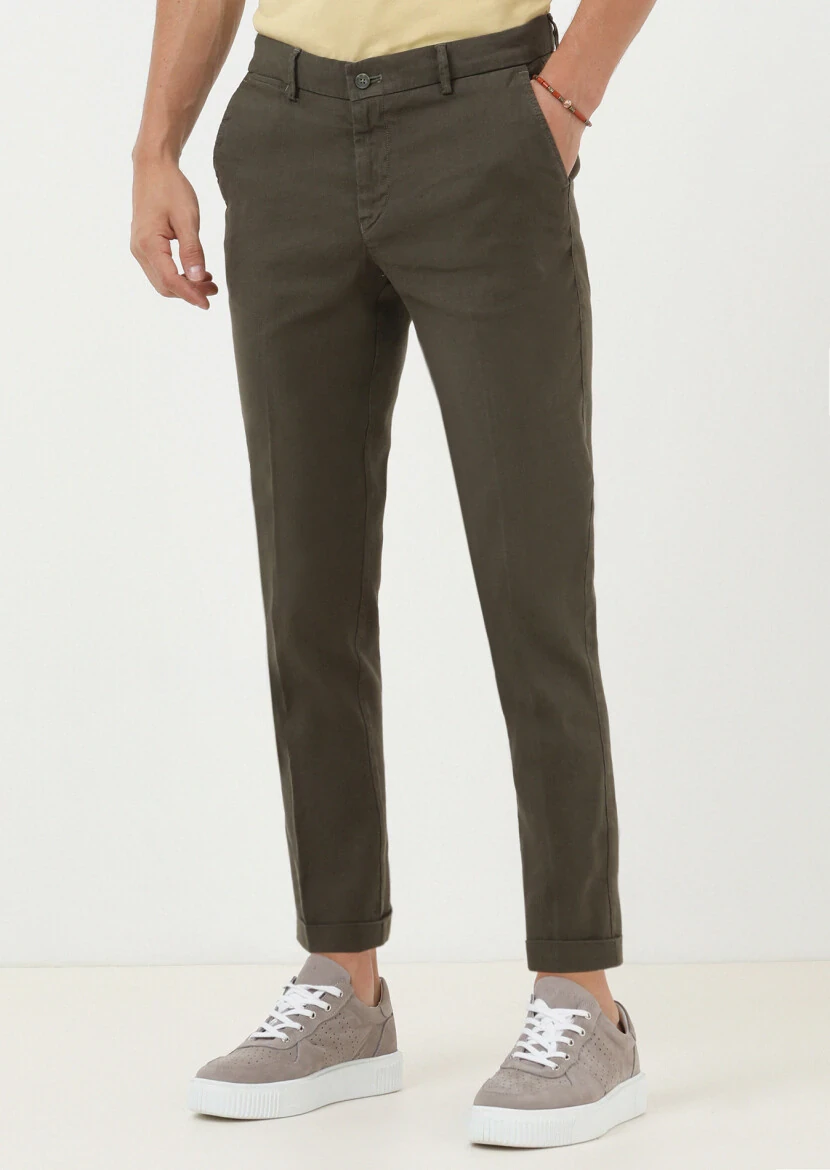 Khaki Weaving Regular Fit Casual Cotton Blended Trousers - 1