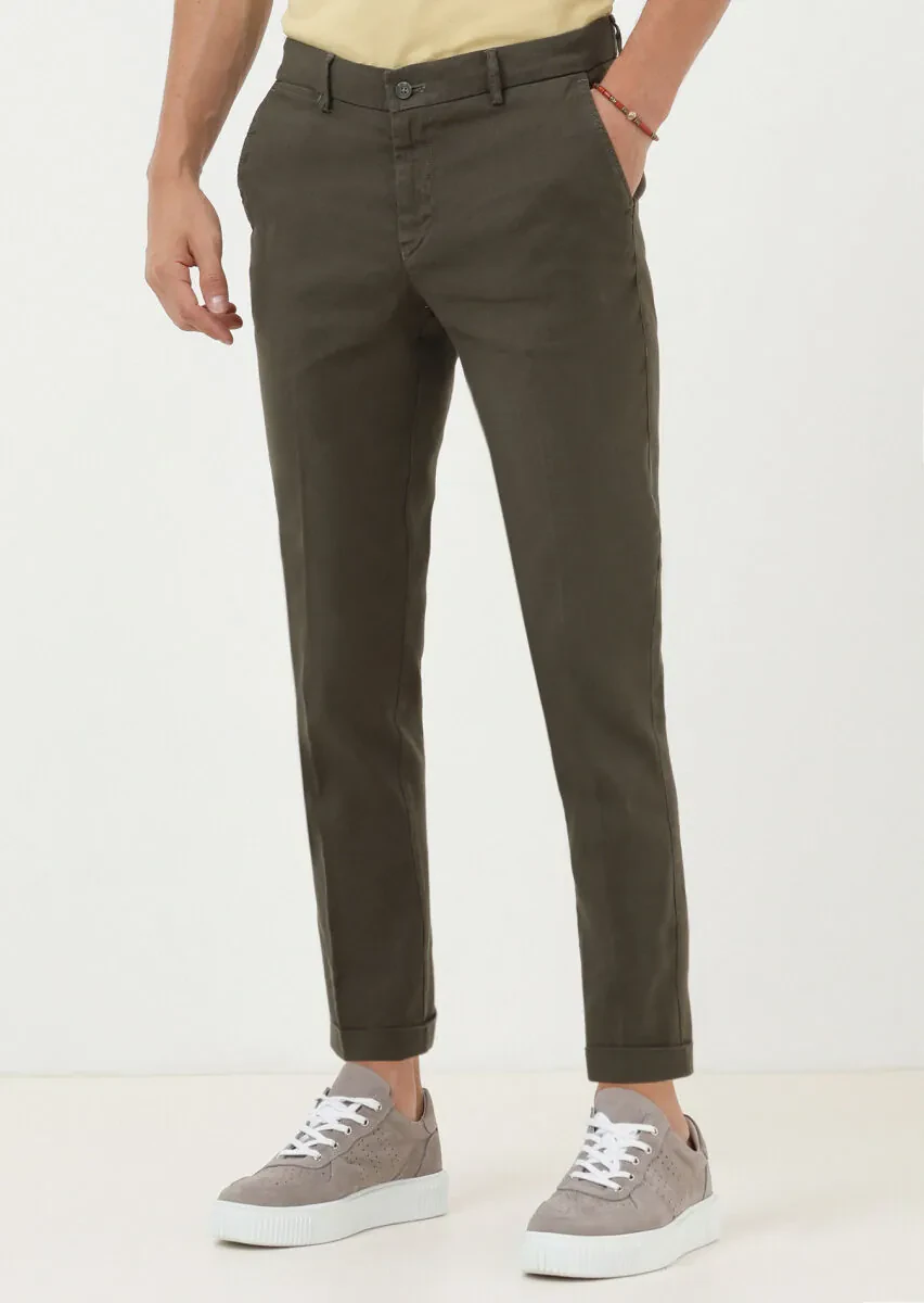 Khaki Weaving Regular Fit Casual Cotton Blended Trousers - 1