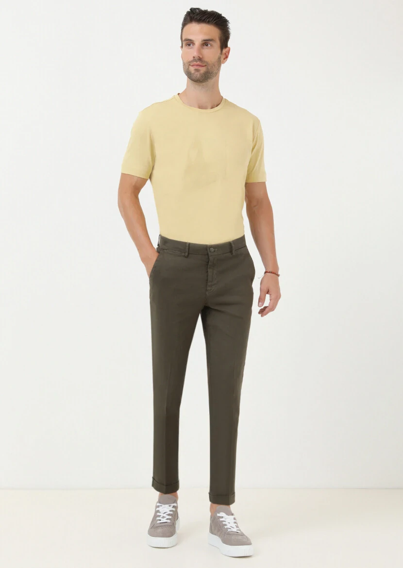 Khaki Weaving Regular Fit Casual Cotton Blended Trousers 