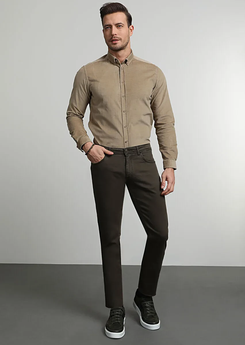 Khaki Weaving Slim Fit Casual Cotton Blended Trousers - 1