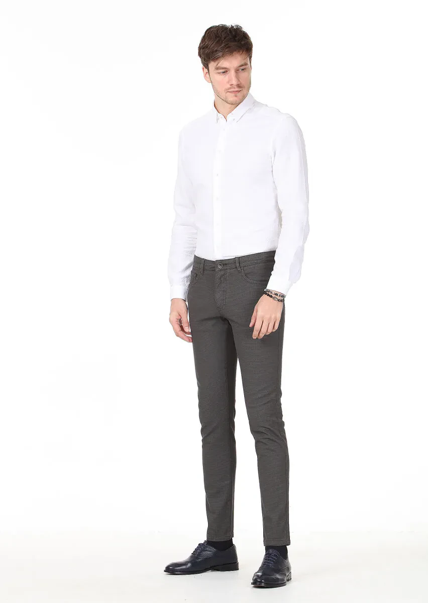 Khaki Weaving Slim Fit Casual Cotton Blended Trousers - 1