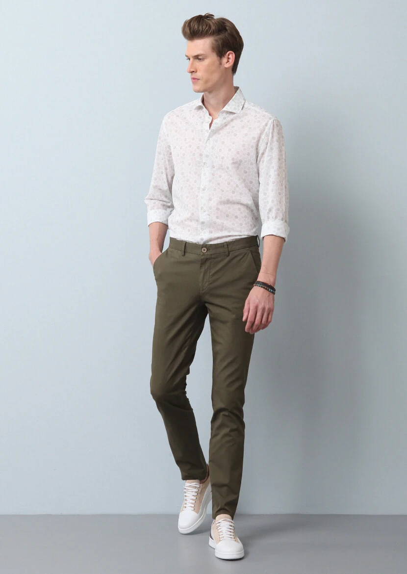 Khaki Weaving Slim Fit Casual Cotton Blended Trousers 