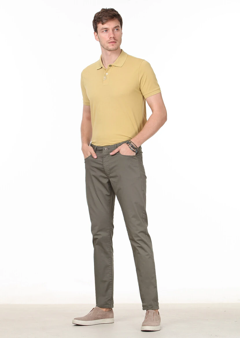 Khaki Weaving Slim Fit Casual Cotton Blended Trousers - 1