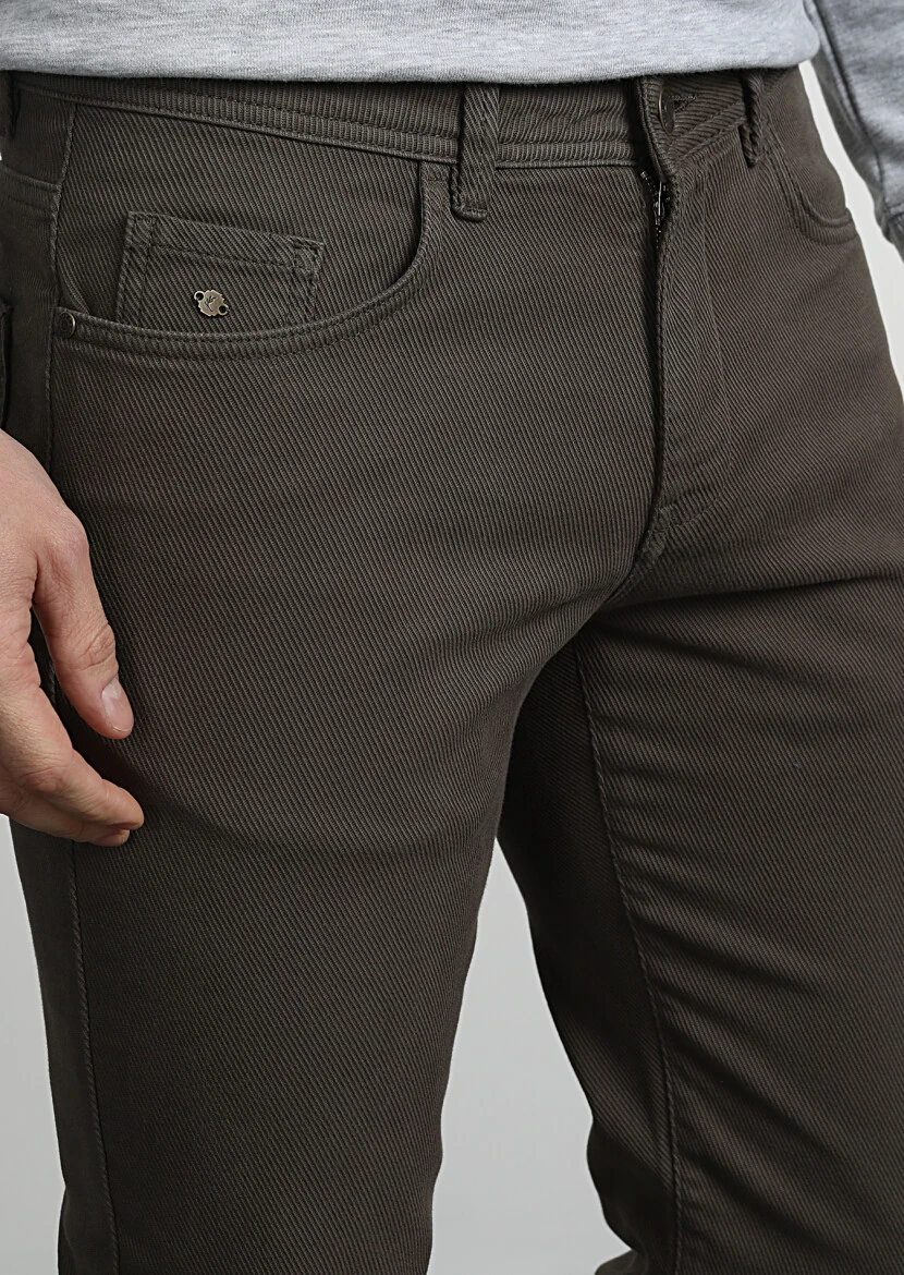 Khaki Weaving Slim Fit Casual Cotton Blended Trousers 