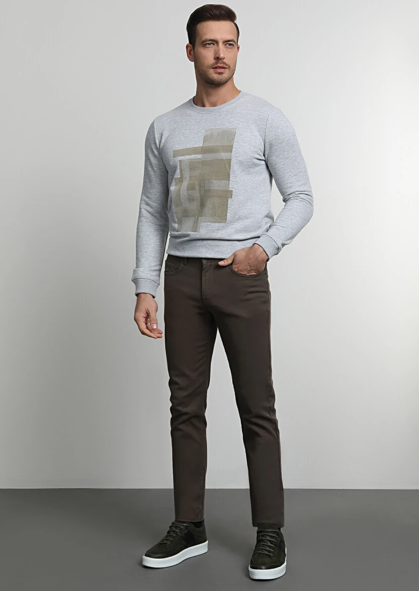 Khaki Weaving Slim Fit Casual Cotton Blended Trousers - 3