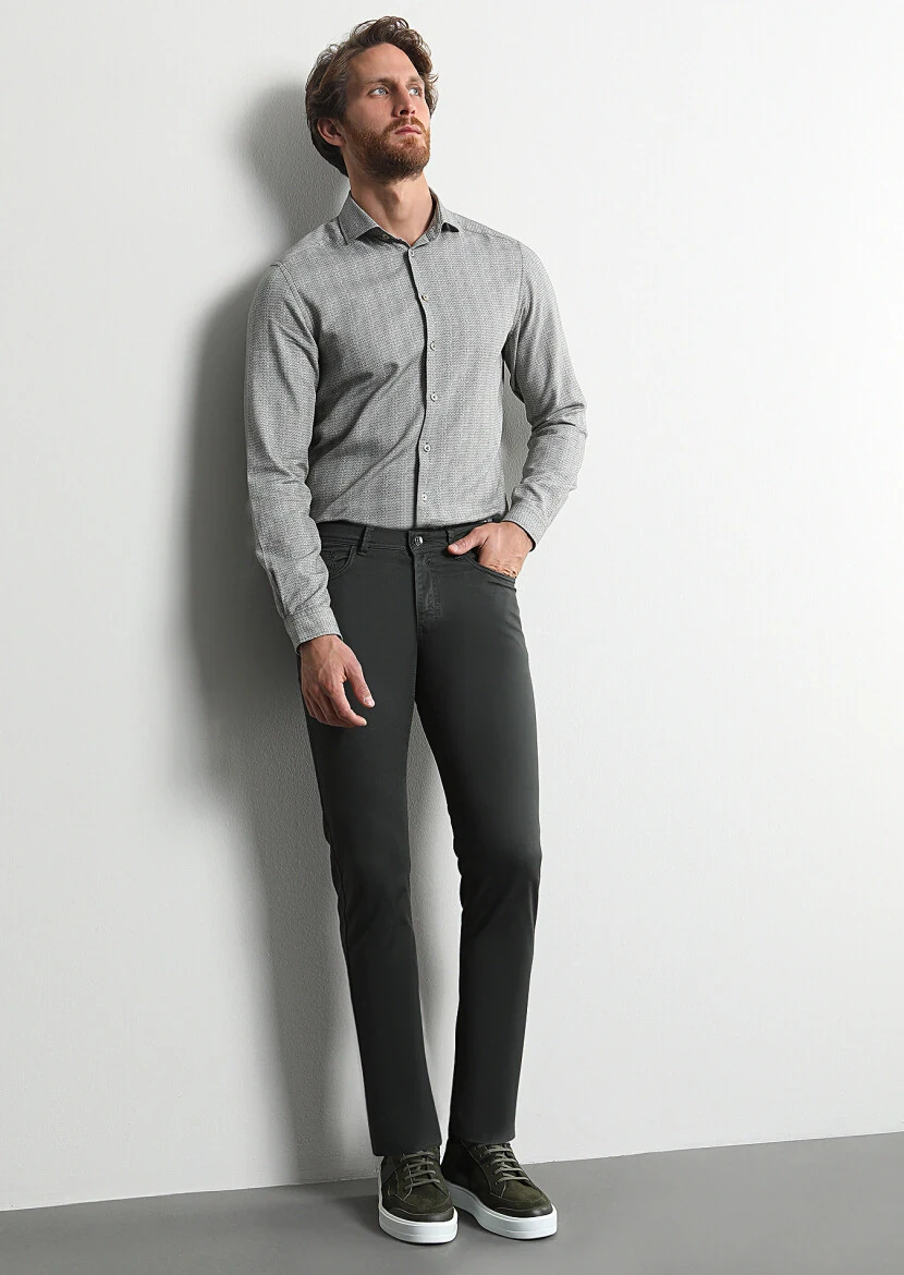 Khaki Weaving Slim Fit Casual Cotton Blended Trousers - 1