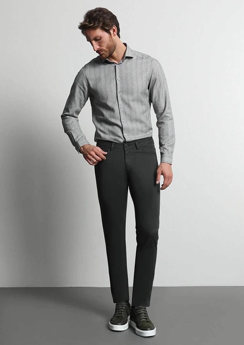 Khaki Weaving Slim Fit Casual Cotton Blended Trousers - 2