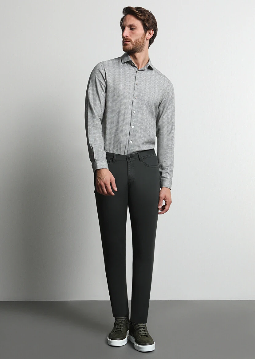 Khaki Weaving Slim Fit Casual Cotton Blended Trousers - 4