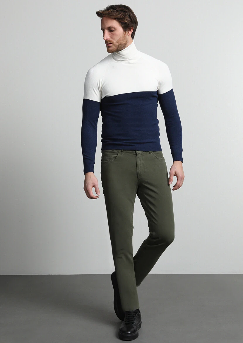 Khaki Weaving Slim Fit Casual Cotton Blended Trousers - 1