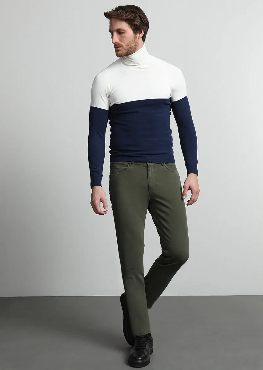 Khaki Weaving Slim Fit Casual Cotton Blended Trousers - 1