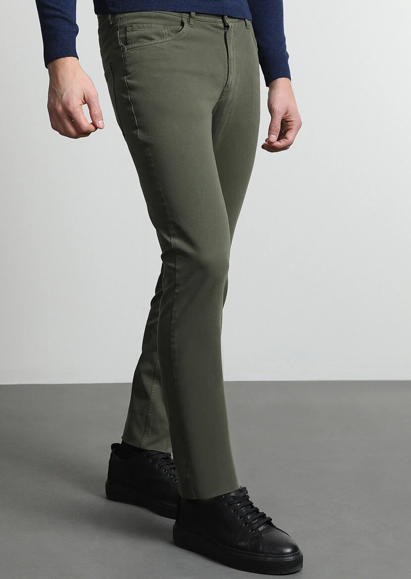 Khaki Weaving Slim Fit Casual Cotton Blended Trousers - 3