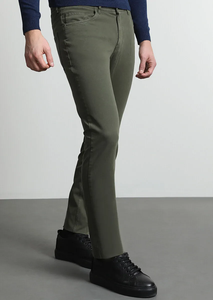 Khaki Weaving Slim Fit Casual Cotton Blended Trousers - 3