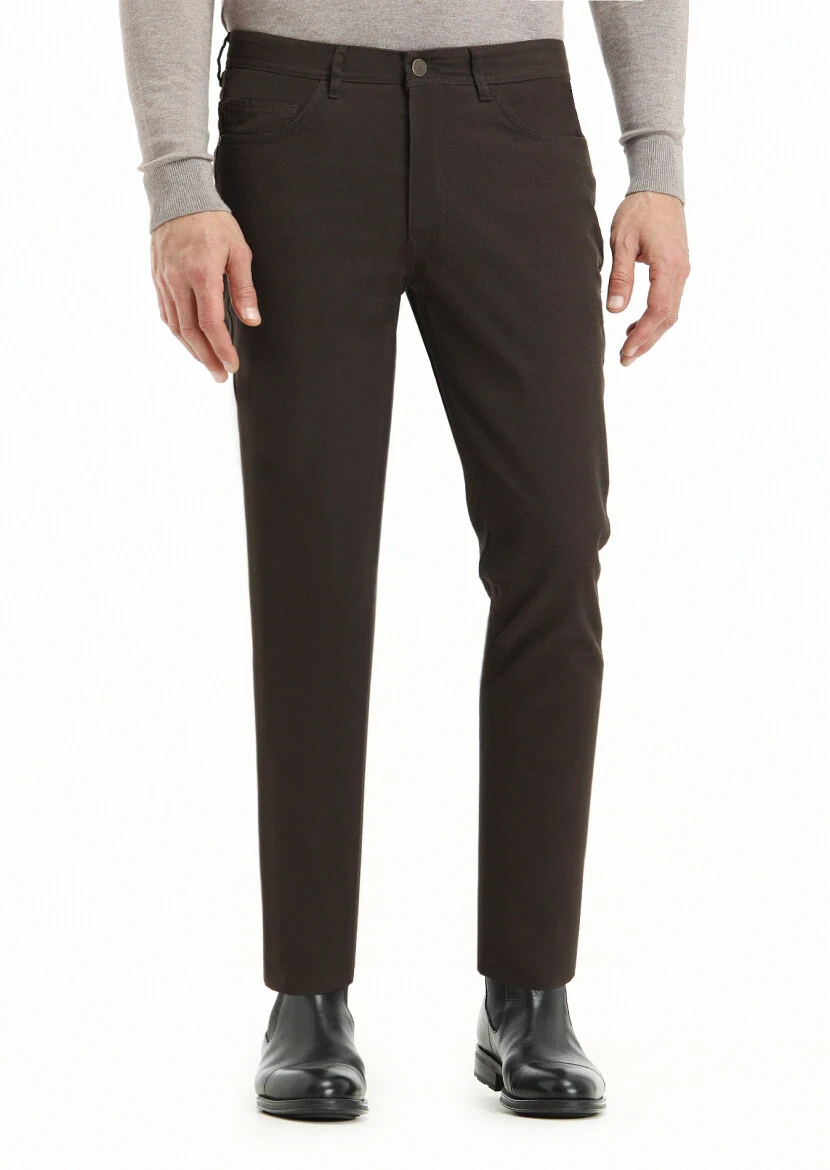 Khaki Weaving Slim Fit Casual Cotton Blended Trousers 