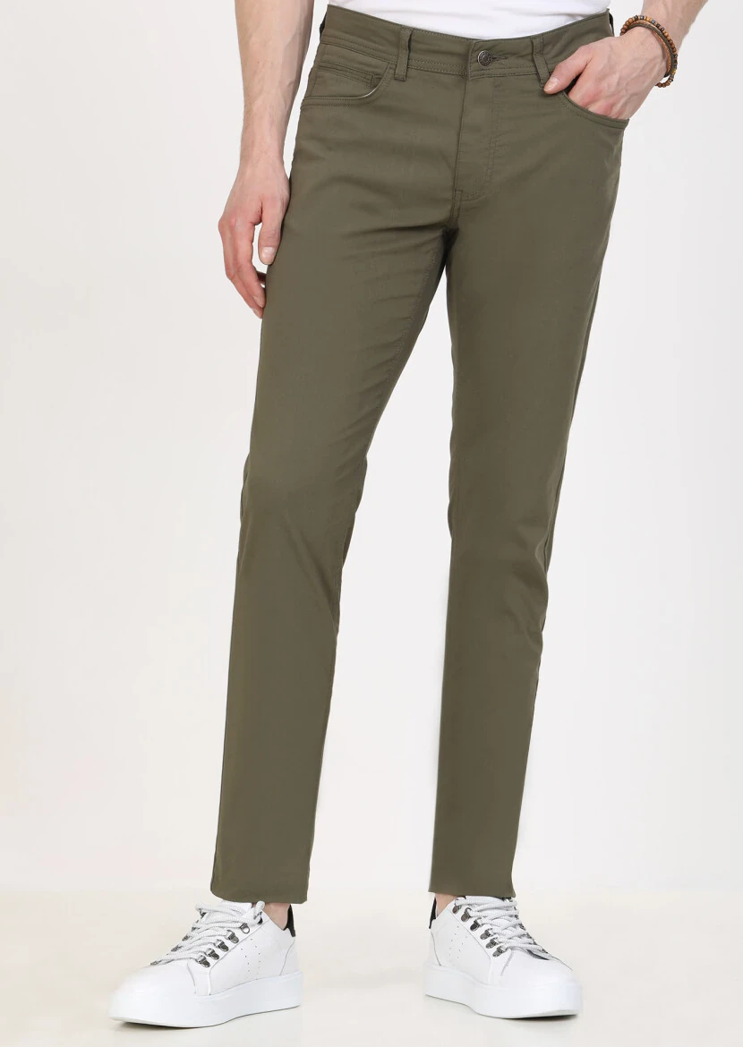 Khaki Weaving Slim Fit Casual Cotton Blended Trousers 