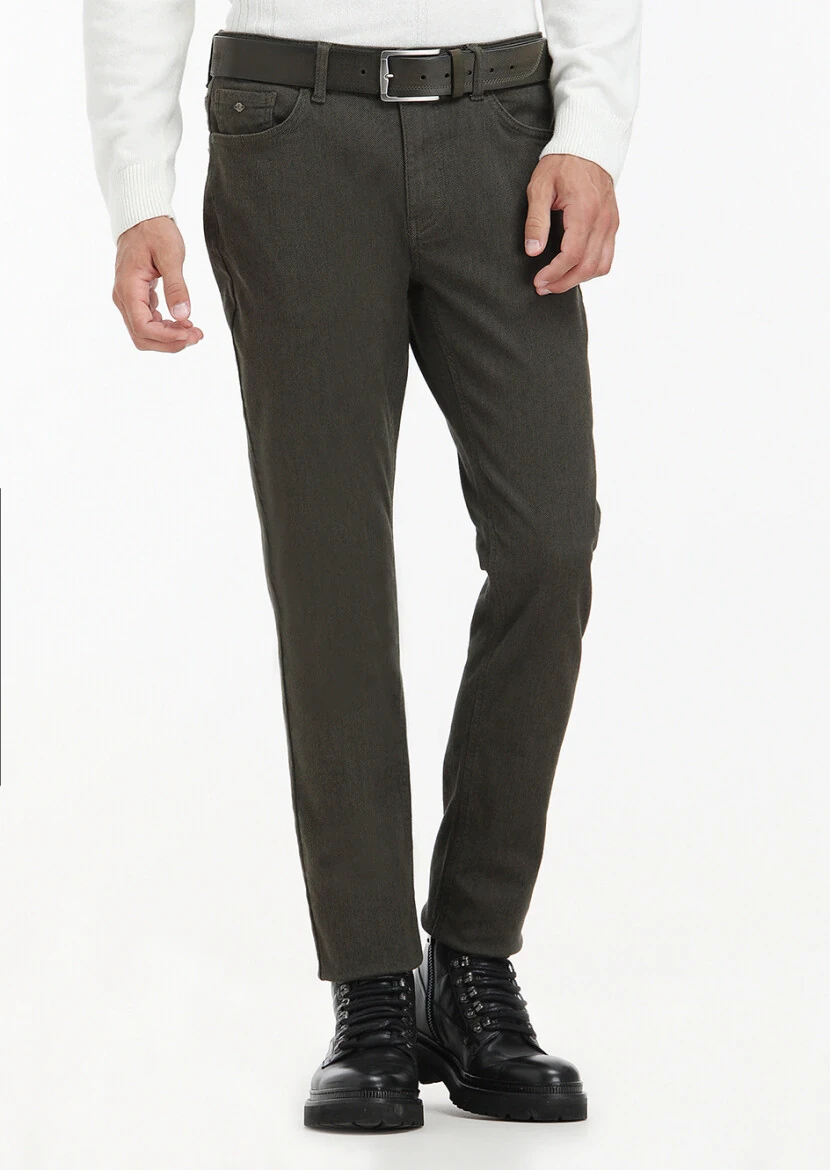 Khaki Weaving Slim Fit Casual Cotton Blended Trousers 