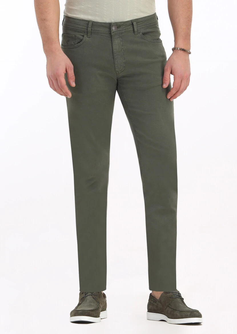 Khaki Weaving Slim Fit Casual Cotton Blended Trousers - RAMSEY