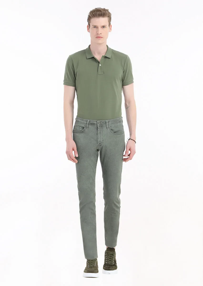 Khaki Weaving Slim Fit Casual Cotton Blended Trousers - 1