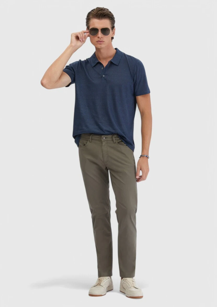 Khaki Weaving Slim Fit Casual Cotton Blended Trousers - RAMSEY