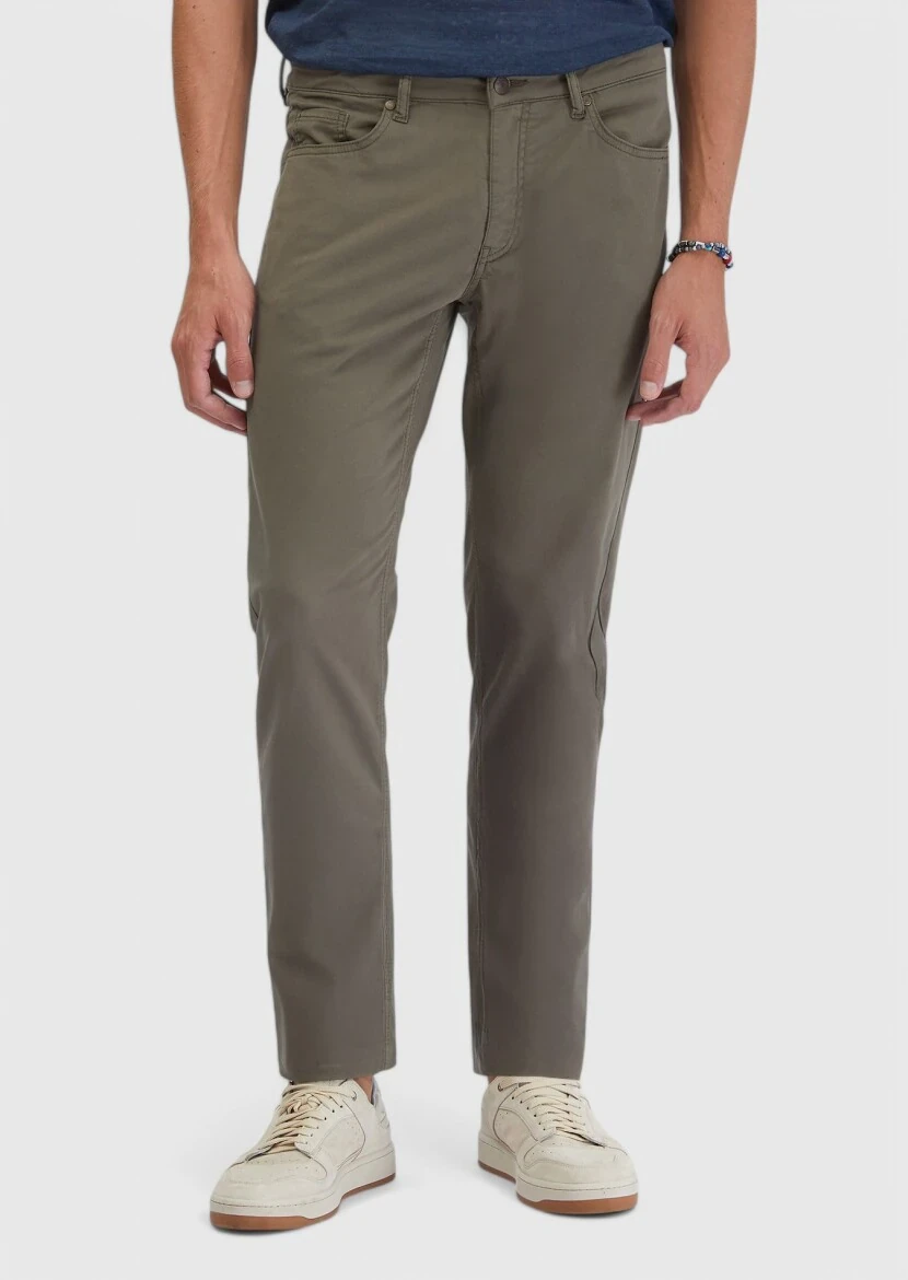 Khaki Weaving Slim Fit Casual Cotton Blended Trousers 