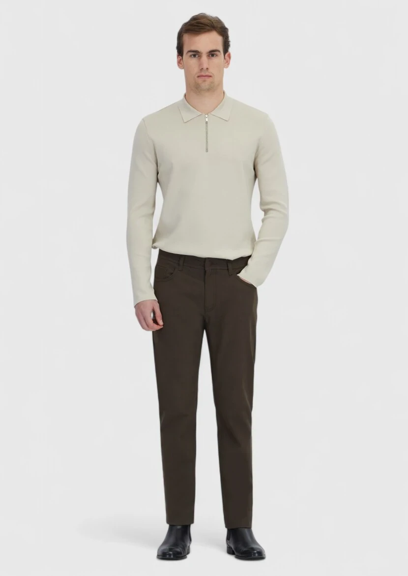 Khaki Weaving Slim Fit Casual Cotton Blended Trousers - RAMSEY