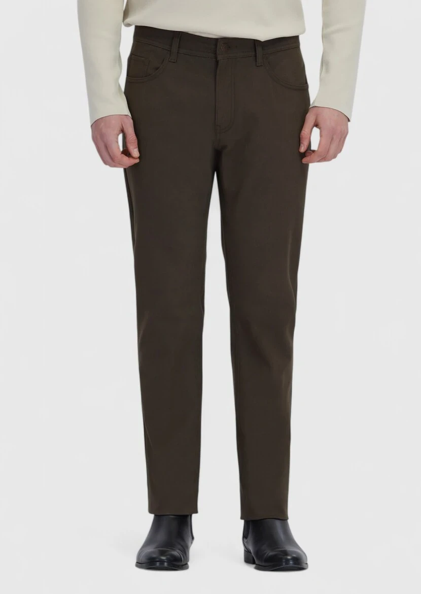 Khaki Weaving Slim Fit Casual Cotton Blended Trousers - RAMSEY