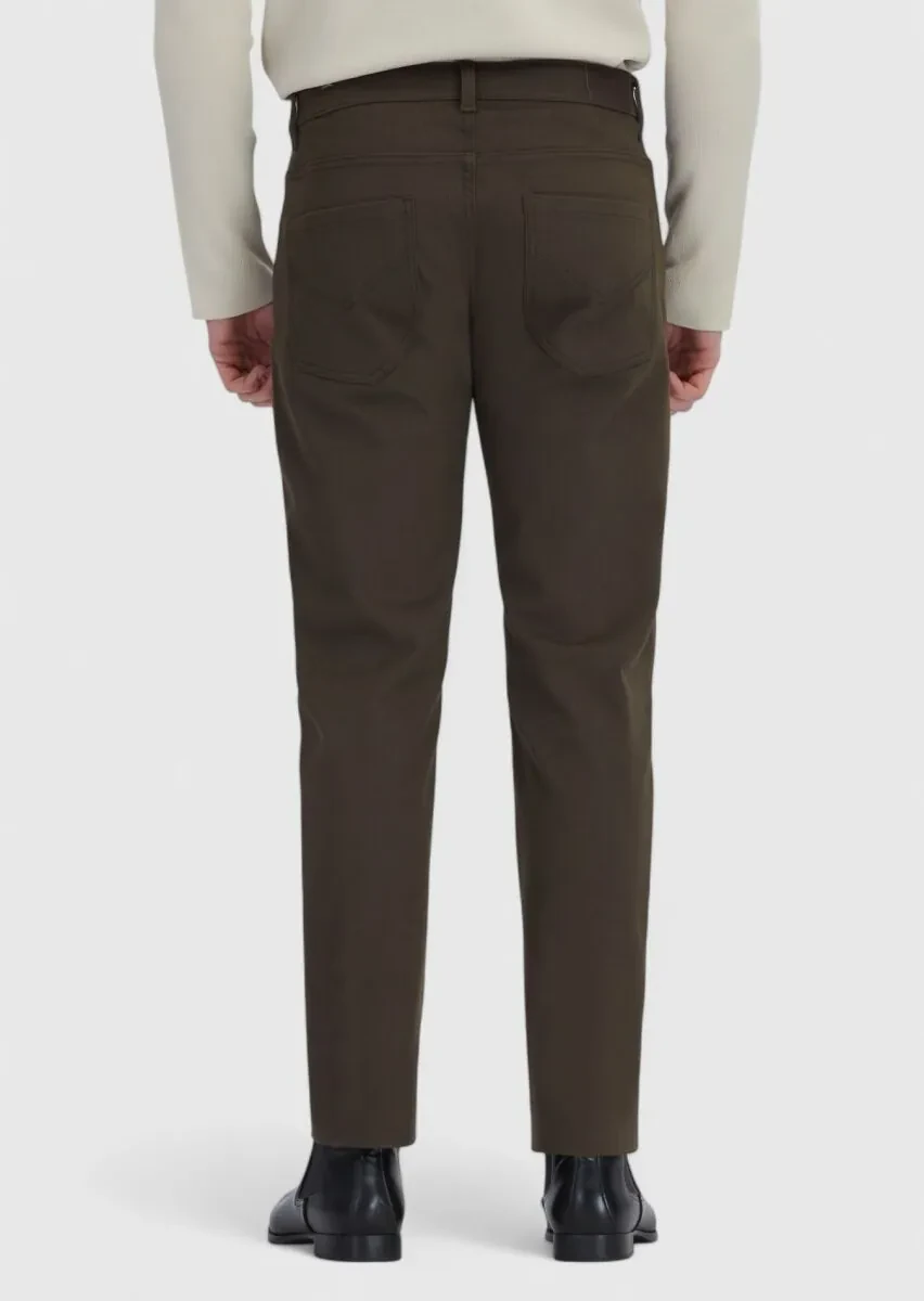 Khaki Weaving Slim Fit Casual Cotton Blended Trousers - 4
