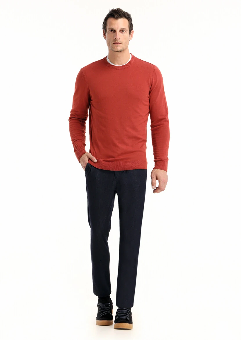 Kiremit Bisiklet Yaka Düz Örgü Yün Karışımlı Triko Kazak - 1