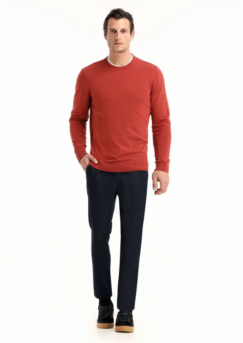 Kiremit Bisiklet Yaka Düz Örgü Yün Karışımlı Triko Kazak - 1