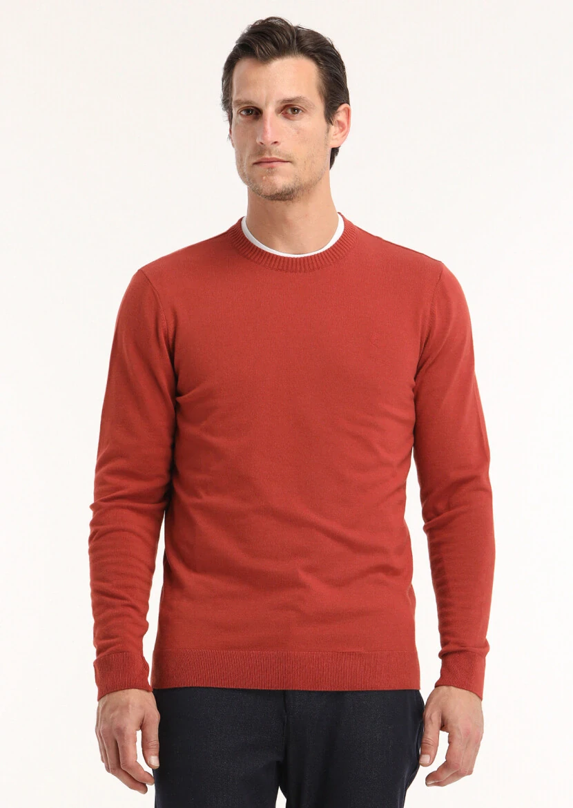 Kiremit Bisiklet Yaka Düz Örgü Yün Karışımlı Triko Kazak 