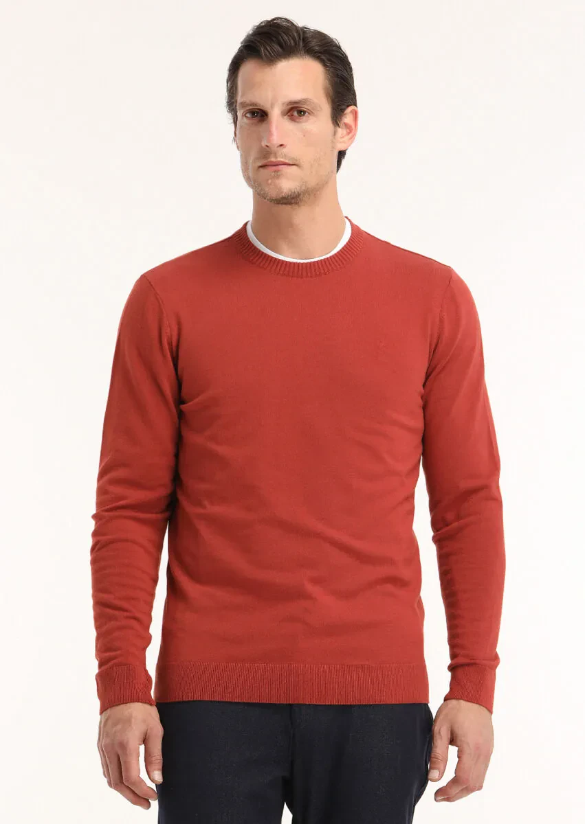 Kiremit Bisiklet Yaka Düz Örgü Yün Karışımlı Triko Kazak - 2