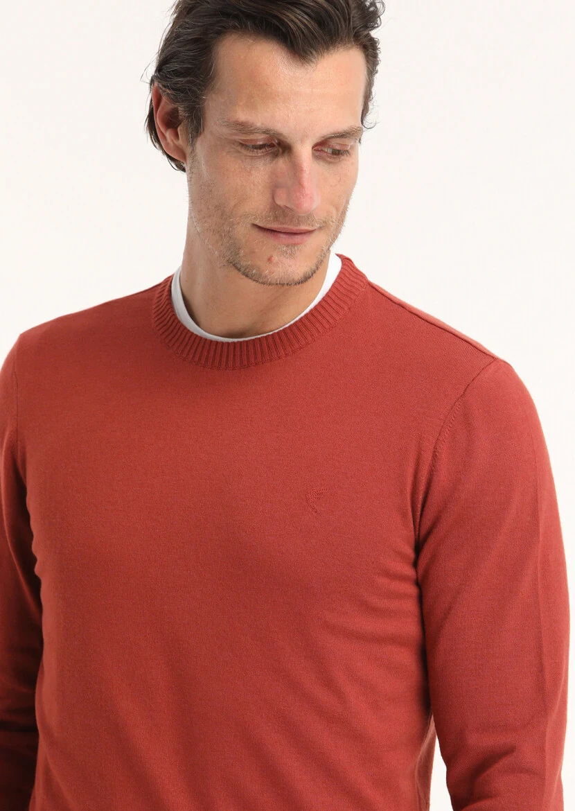 Kiremit Bisiklet Yaka Düz Örgü Yün Karışımlı Triko Kazak - 3