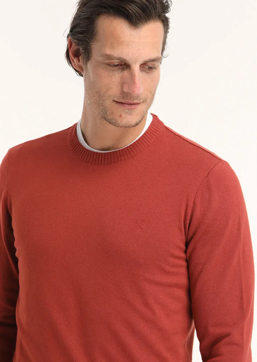 Kiremit Bisiklet Yaka Düz Örgü Yün Karışımlı Triko Kazak - 3