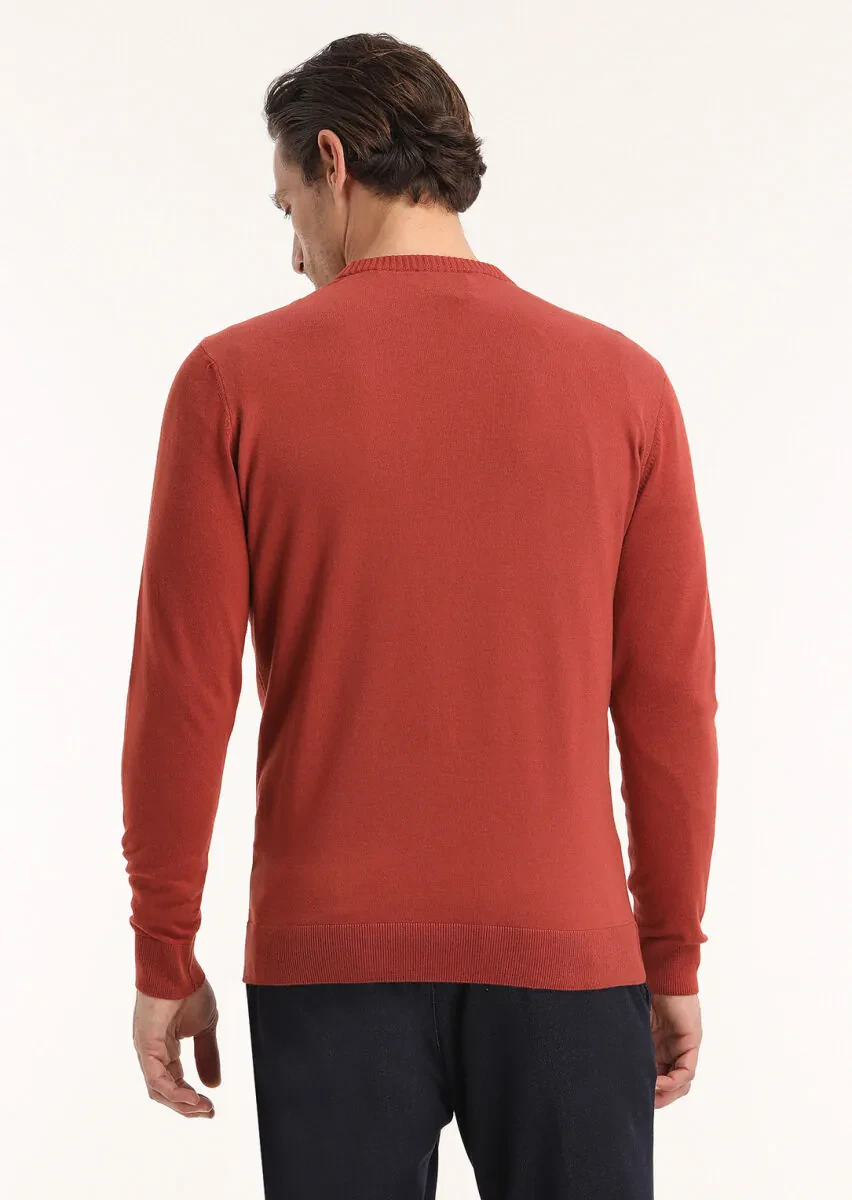 Kiremit Bisiklet Yaka Düz Örgü Yün Karışımlı Triko Kazak - 4