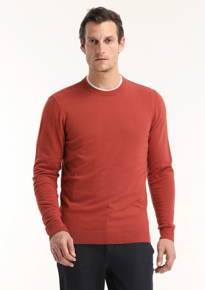 Kiremit Bisiklet Yaka Düz Örgü Yün Karışımlı Triko Kazak - 5